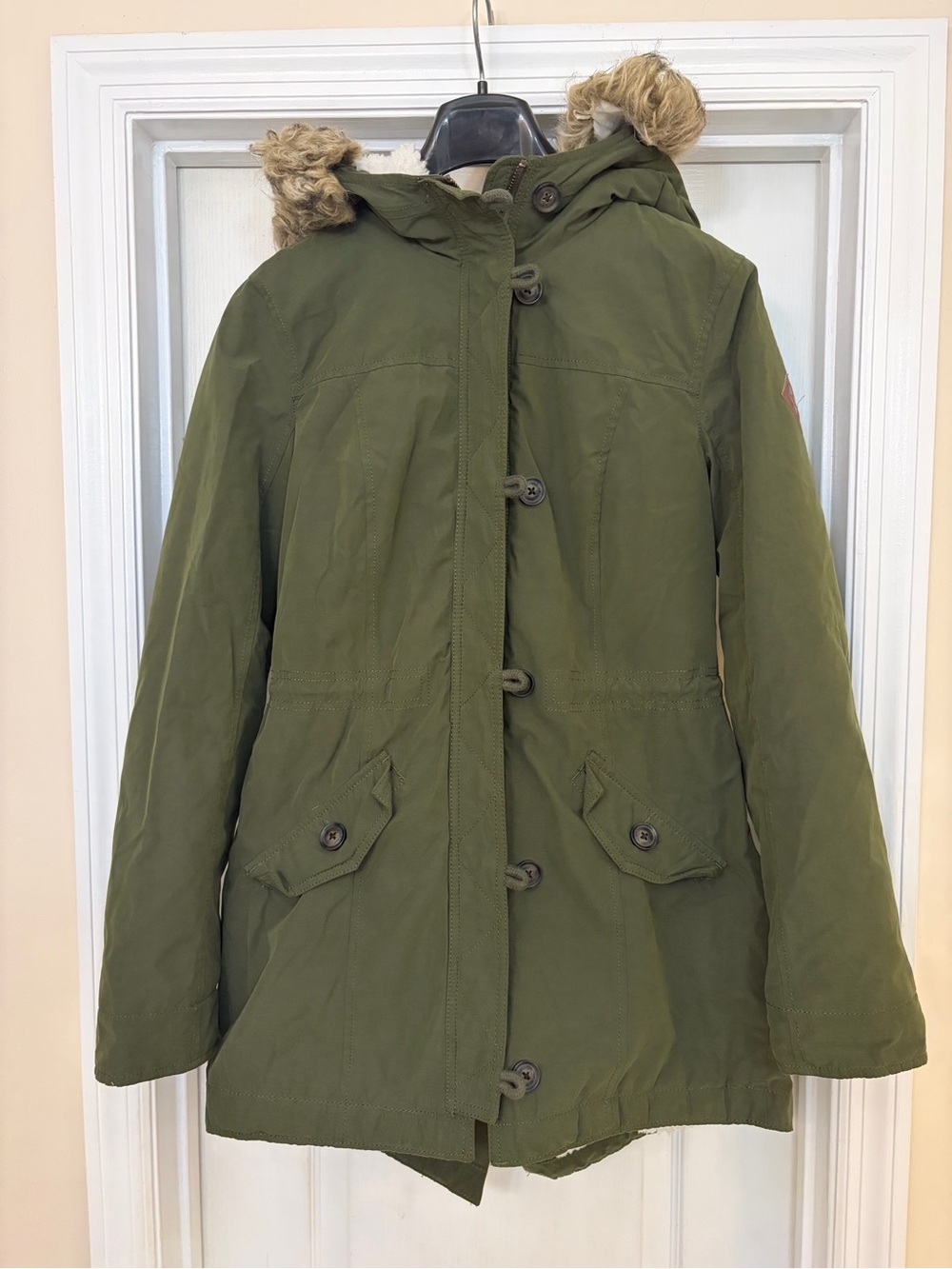 Hollister Sherpa Lined Faux Fur Hood Utility Parka Jacket Medium Green Cotton